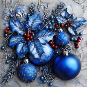 10" x 10" Blue, Red, Silver Poinsettia & Ornaments Sign TTE-067