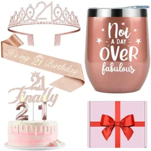 21st Birthday Decorations for Her, Including 12oz Tumbler/Mug for Wine or Coffee, 21st Birthday Sash and Tiara, Cake Topper and 21 Candles, 21st Birthday Gifts for Her (Rose Gold)