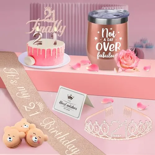 21st Birthday Decorations for Her, Including 12oz Tumbler/Mug for Wine or Coffee, 21st Birthday Sash and Tiara, Cake Topper and 21 Candles, 21st Birthday Gifts for Her (Rose Gold)