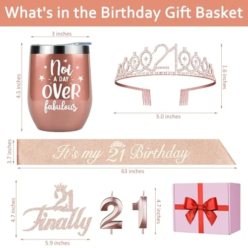 21st Birthday Decorations for Her, Including 12oz Tumbler/Mug for Wine or Coffee, 21st Birthday Sash and Tiara, Cake Topper and 21 Candles, 21st Birthday Gifts for Her (Rose Gold)