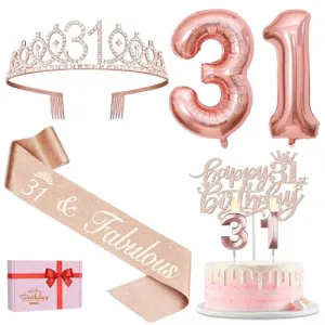 31 Birthday Decorations for Women Including 31st Birthday Sash, Crown/Tiara, Candles and Cake Toppers, Number 31 Balloons, 31st Birthday Gifts for Women Birthday Decorations Favor Supplies