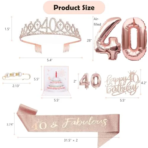 40th Birthday Gifts Decorations for Women, Including 40th Happy Birthday Cake Toppers, Birthday Queen Sash with Pearl Pin, Sweet Rhinestone Tiara Crown, Number Candles and Balloons Set