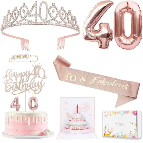 40th Birthday Gifts Decorations for Women, Including 40th Happy Birthday Cake Toppers, Birthday Queen Sash with Pearl Pin, Sweet Rhinestone Tiara Crown, Number Candles and Balloons Set