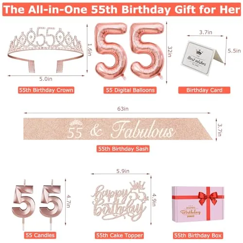 55 Birthday Decorations for Women Including 55th Birthday Sash, 55 Birthday Tiara, Birthday Candles and Cake Topper, Numeral 55 Balloons, 55th Birthday Decorations Birthday Party Favor Supplies