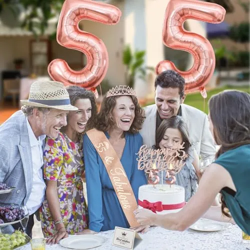 55 Birthday Decorations for Women Including 55th Birthday Sash, 55 Birthday Tiara, Birthday Candles and Cake Topper, Numeral 55 Balloons, 55th Birthday Decorations Birthday Party Favor Supplies