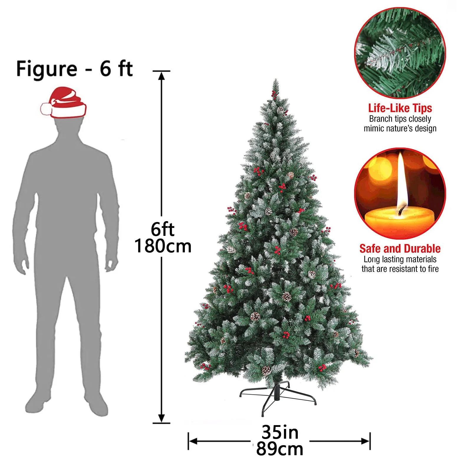 6ft Christmas Tree Artificial Full Xmas Trees with 150pcs LED,750 Branch Tips Metal Hinges & Foldable Base