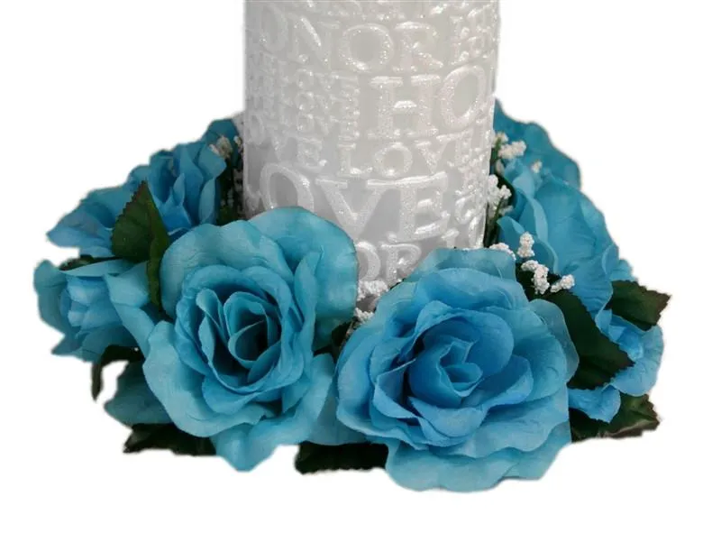 8 Pack of Artificial Turquoise Rose Candle Rings  Wedding Centerpiece Table Decoration