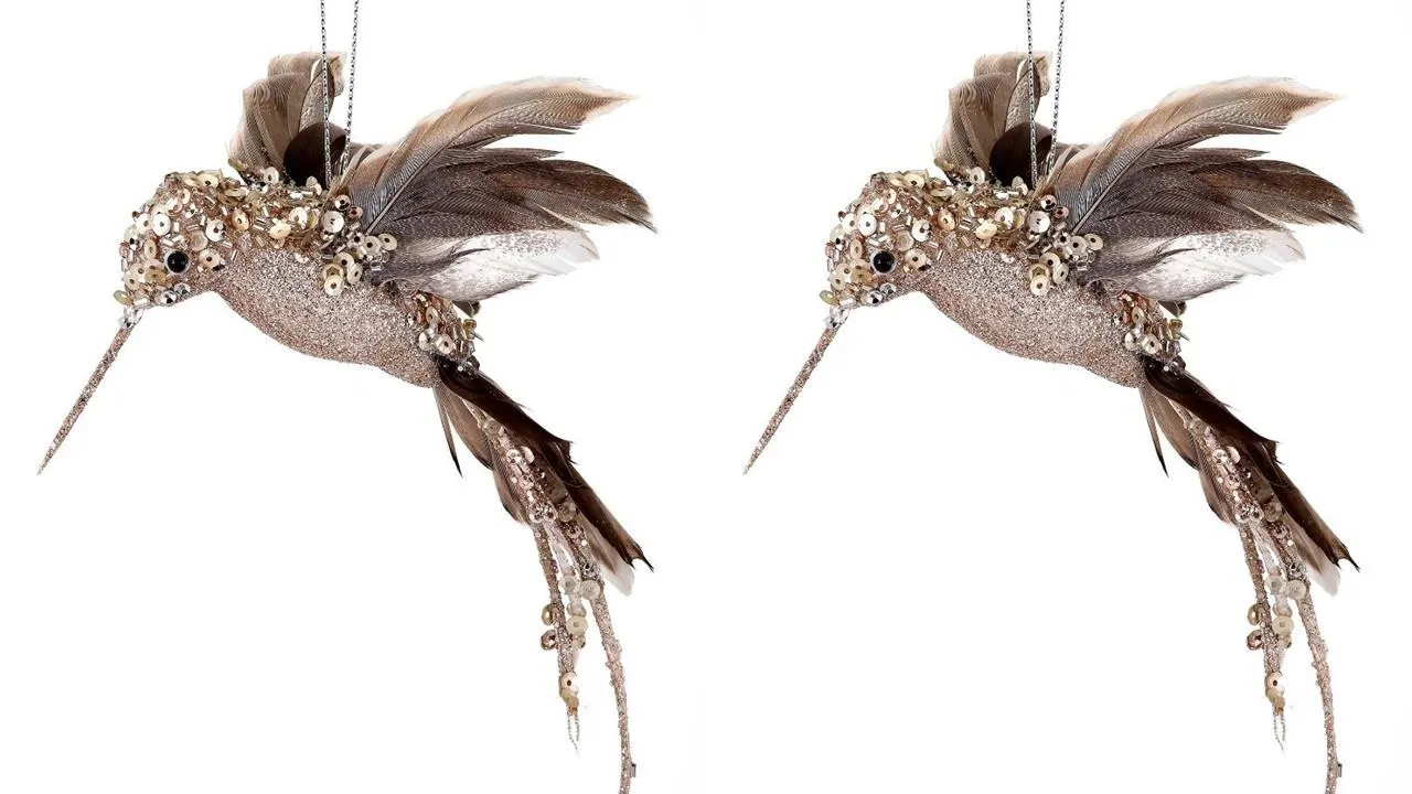 8" Brown Velvet Glitter Sequin Woodland Hummingbird Ornament Set of 2