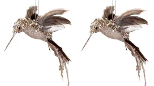 8" Brown Velvet Glitter Sequin Woodland Hummingbird Ornament Set of 2