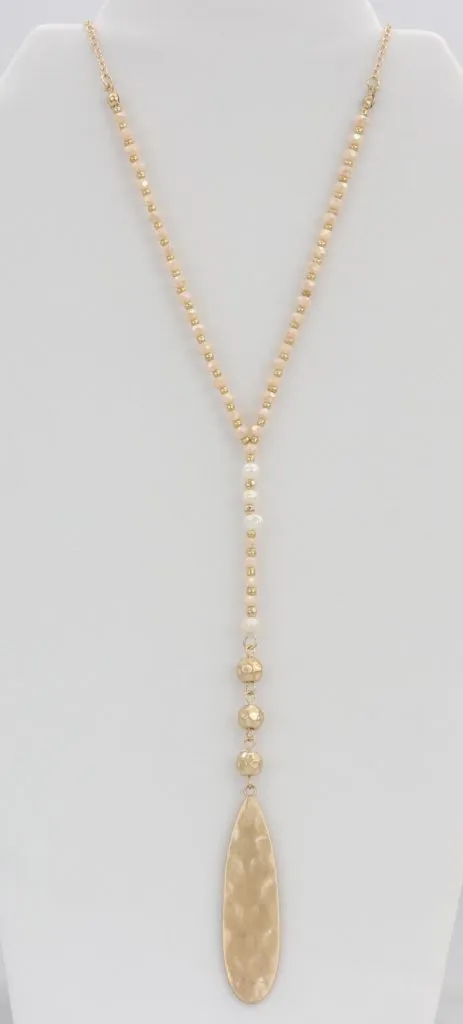 Adjustable rose-gold necklace with alternating beads/gems and hammered pendant