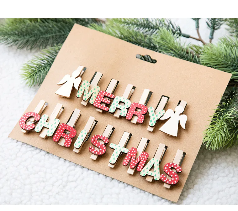 Bulk Merry Christmas Mini Wooden Clip Photo Display Clip Christmas Tree Clothespins Xmas Ornament Wholesale