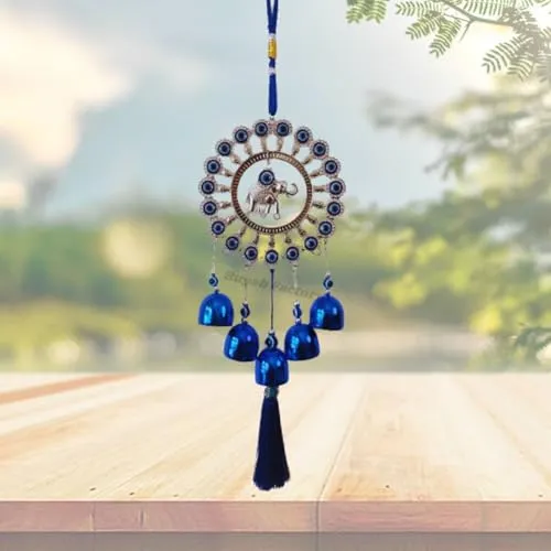 Buyab Factory® Elephant Design Evil Eye Hanging for Home Entrance Door Decoration, Nazar Battu for Home Protection, Good Luck Charm and Prosperity (Blue and Silver)