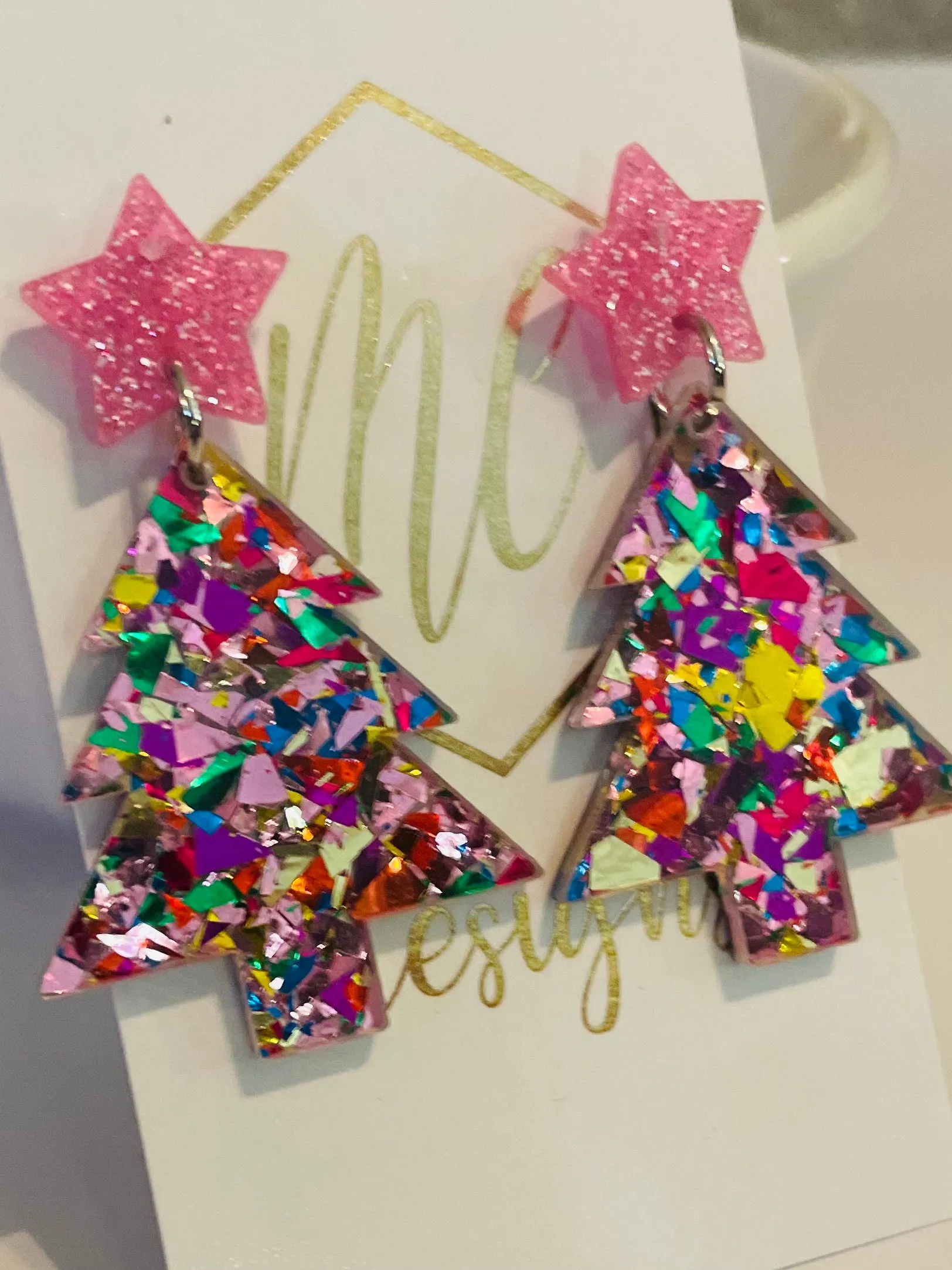 Colorful Christmas Tree Star Confetti Acrylic Earrings