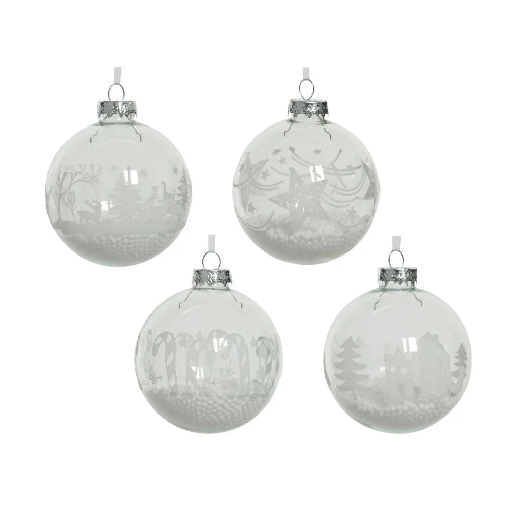 Decoris 8cm Clear Glass Christmas Scene With With Beads Bauble (Choice of 4)