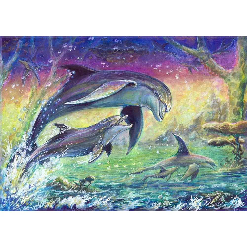 Dolphins - Full Round Diamond - 40x30cm