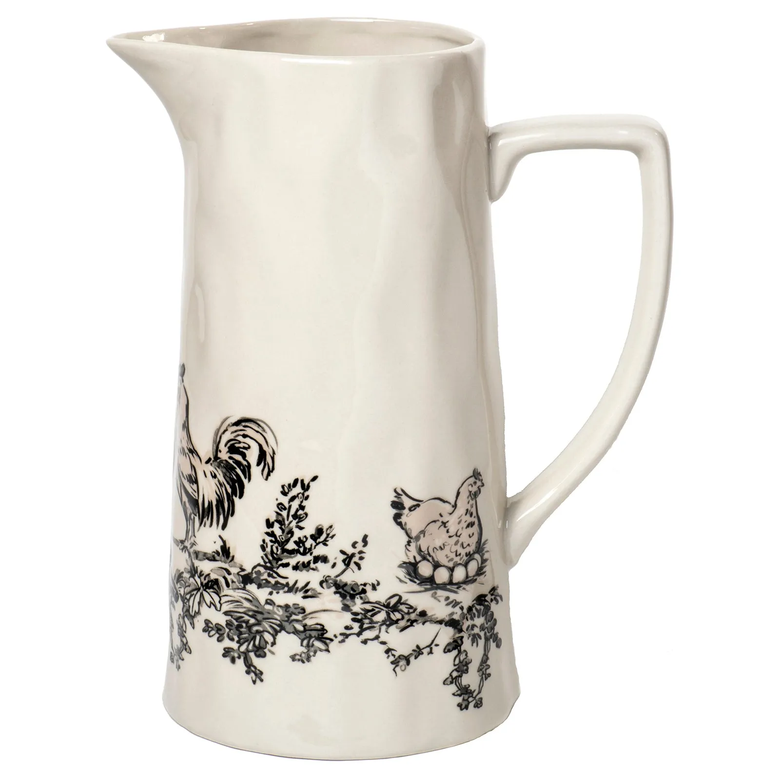 Farmhouse Collection Glossy Ceramic Stoneware Pitcher, Spouted with Handle, Country Black & White Chicken Design - 64 oz.