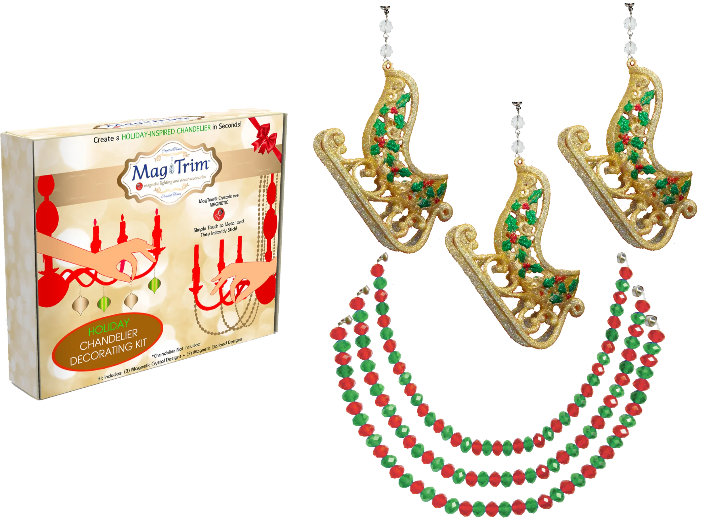 HOLIDAY CHANDELIER MAKEOVER KIT - (3) Gold Glitter Sleigh   (3) 12" Red/Green Garland