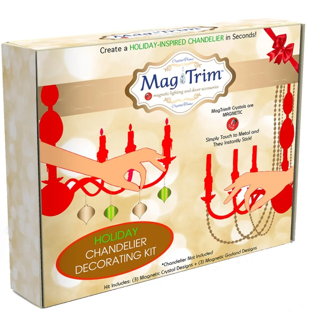 HOLIDAY CHANDELIER MAKEOVER KIT - (3) Gold Glitter Sleigh   (3) 12" Red/Green Garland