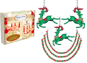 HOLIDAY CHANDELIER MAKEOVER KIT - (3) Green Reindeer   (3) 12" Red/Green Bead Crystal Garland