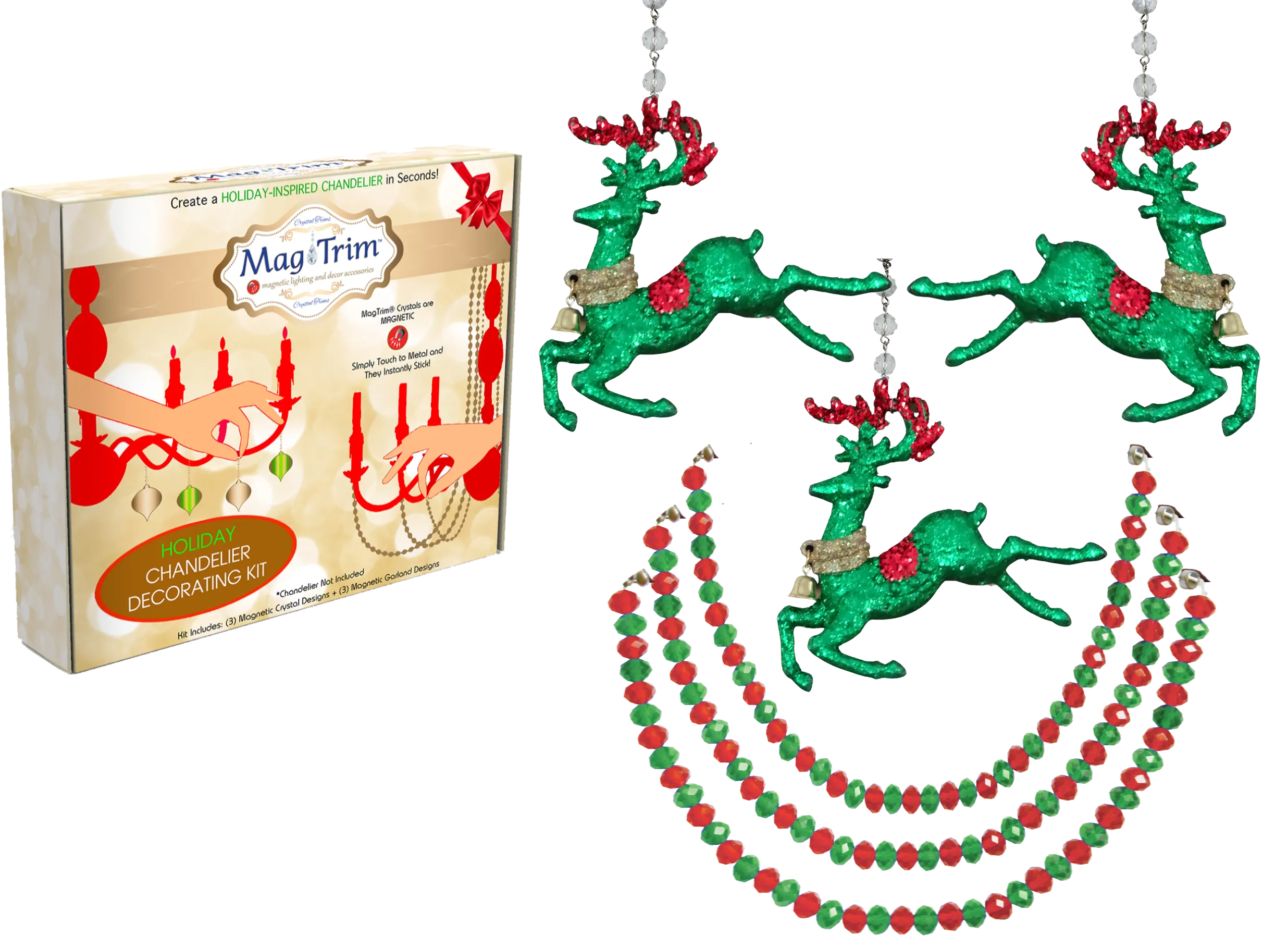 HOLIDAY CHANDELIER MAKEOVER KIT - (3) Green Reindeer   (3) 12" Red/Green Bead Crystal Garland