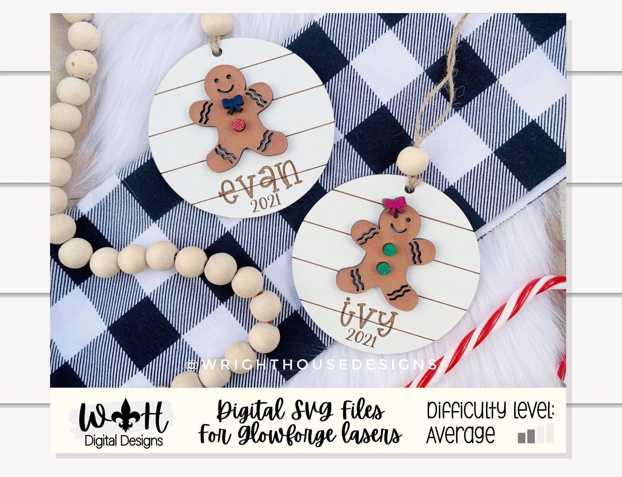 Holiday Icons Gingerbread Boy and Girl - Modern Farmhouse Mini Ornament Set - Personalizable Cut File For Glowforge - Digital SVG File