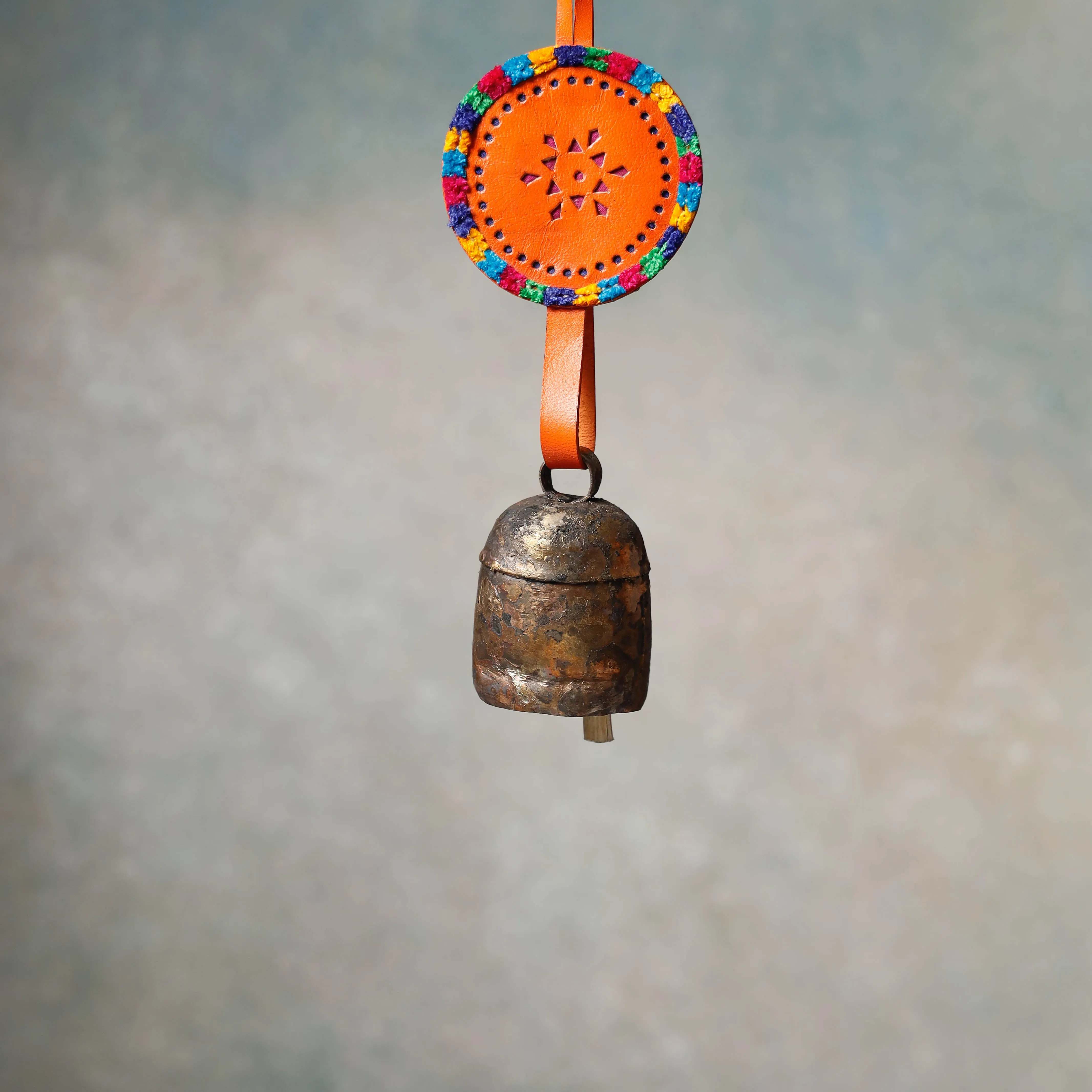 Kutch Copper Coated Bell With Leather Belt - Round