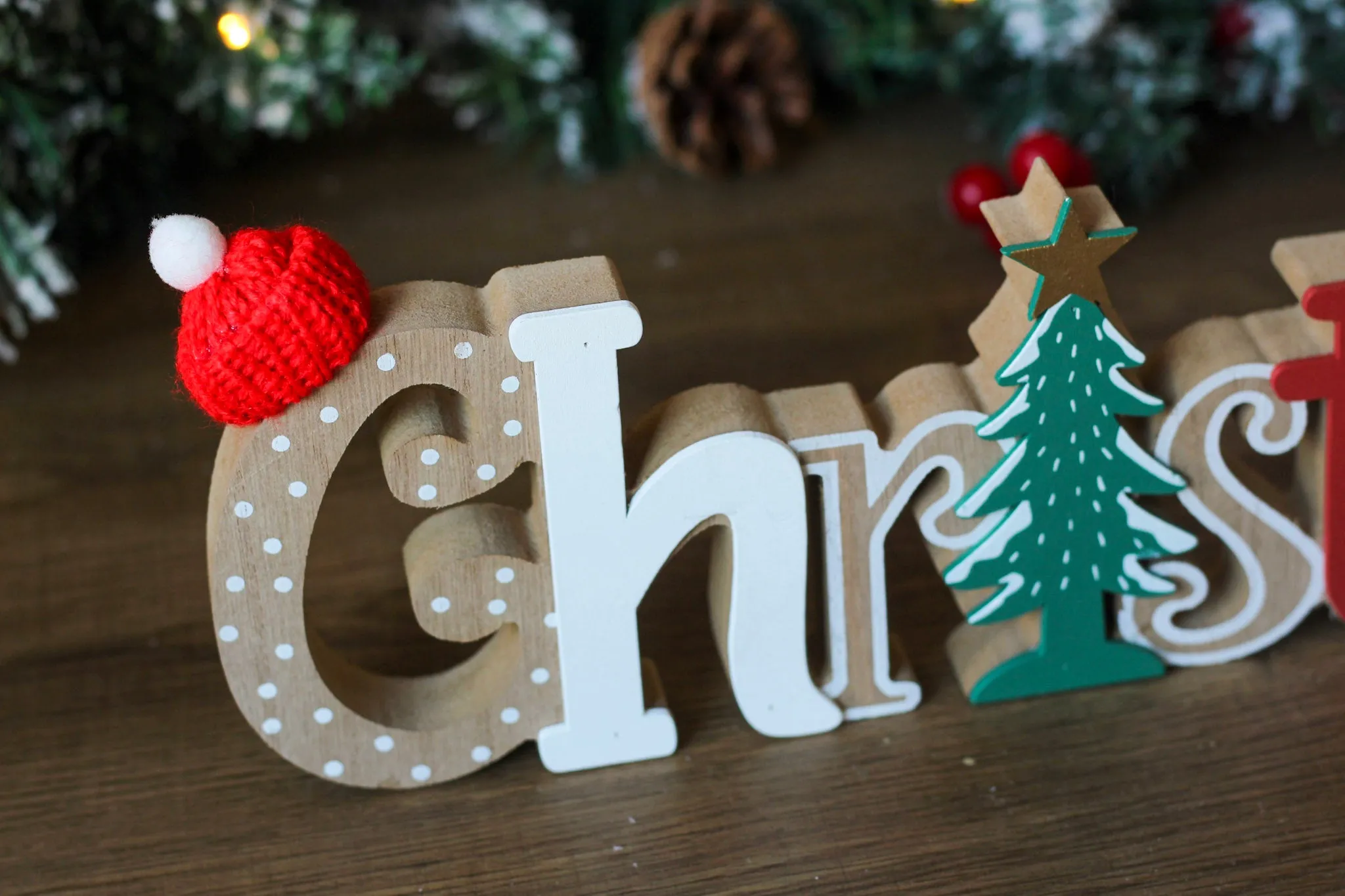 Large Wooden Red White & Green Cut Out Christmas Sign