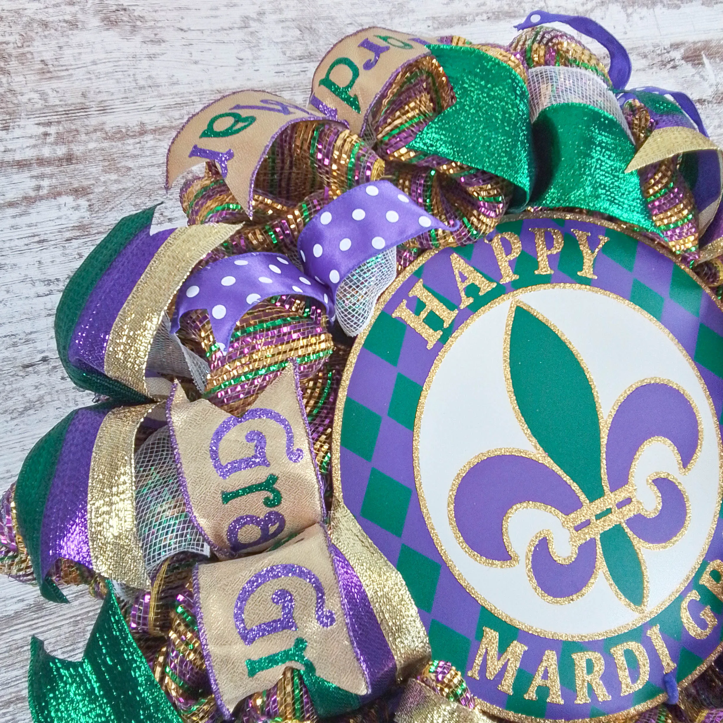 Mardi Gras Wreath - Gold Fat Tuesday Mesh Front Door Decor