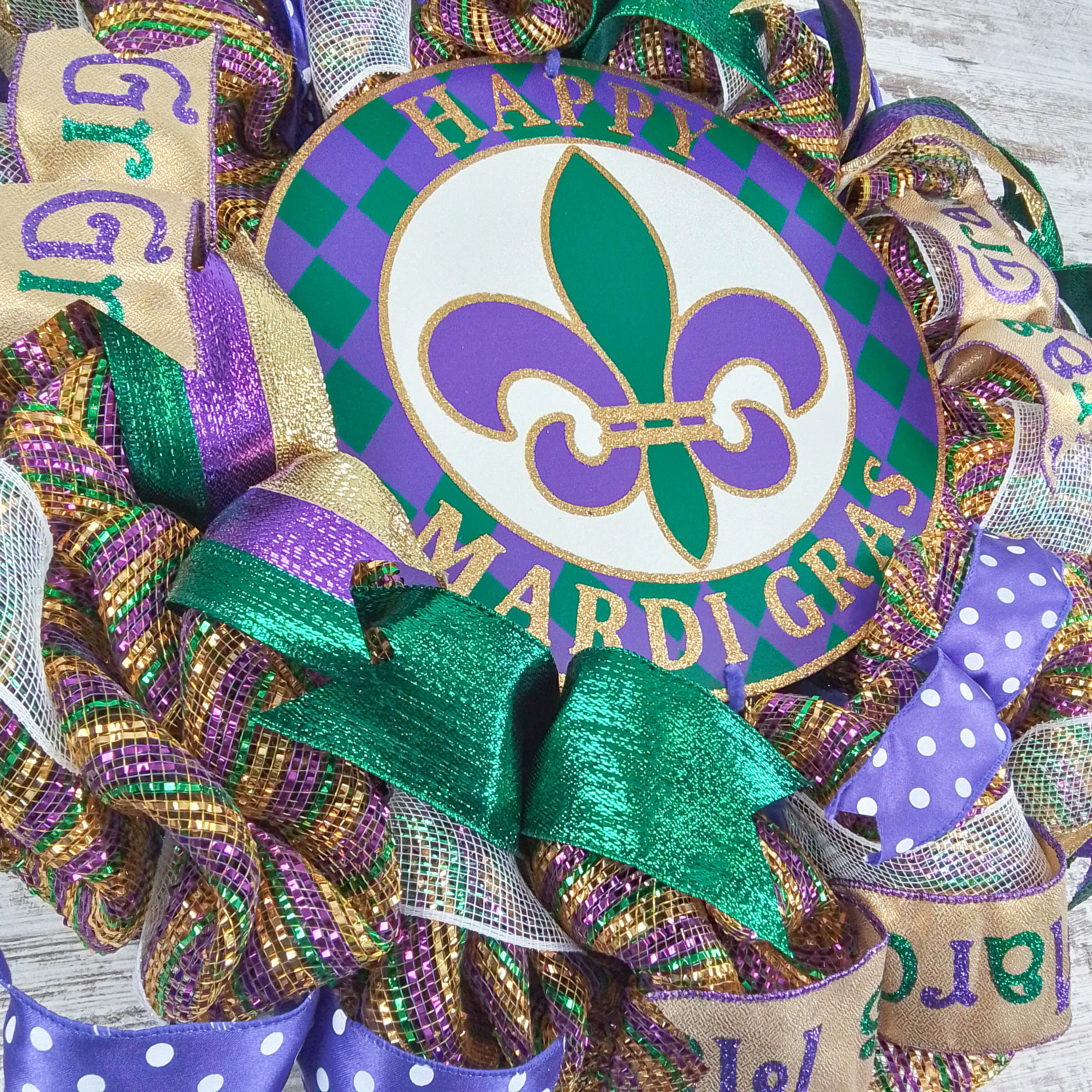 Mardi Gras Wreath - Gold Fat Tuesday Mesh Front Door Decor