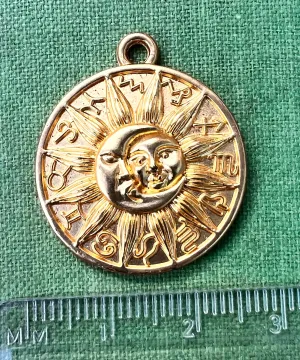 Moon, Sun and Zodiac 2.5cm Golden Pendant