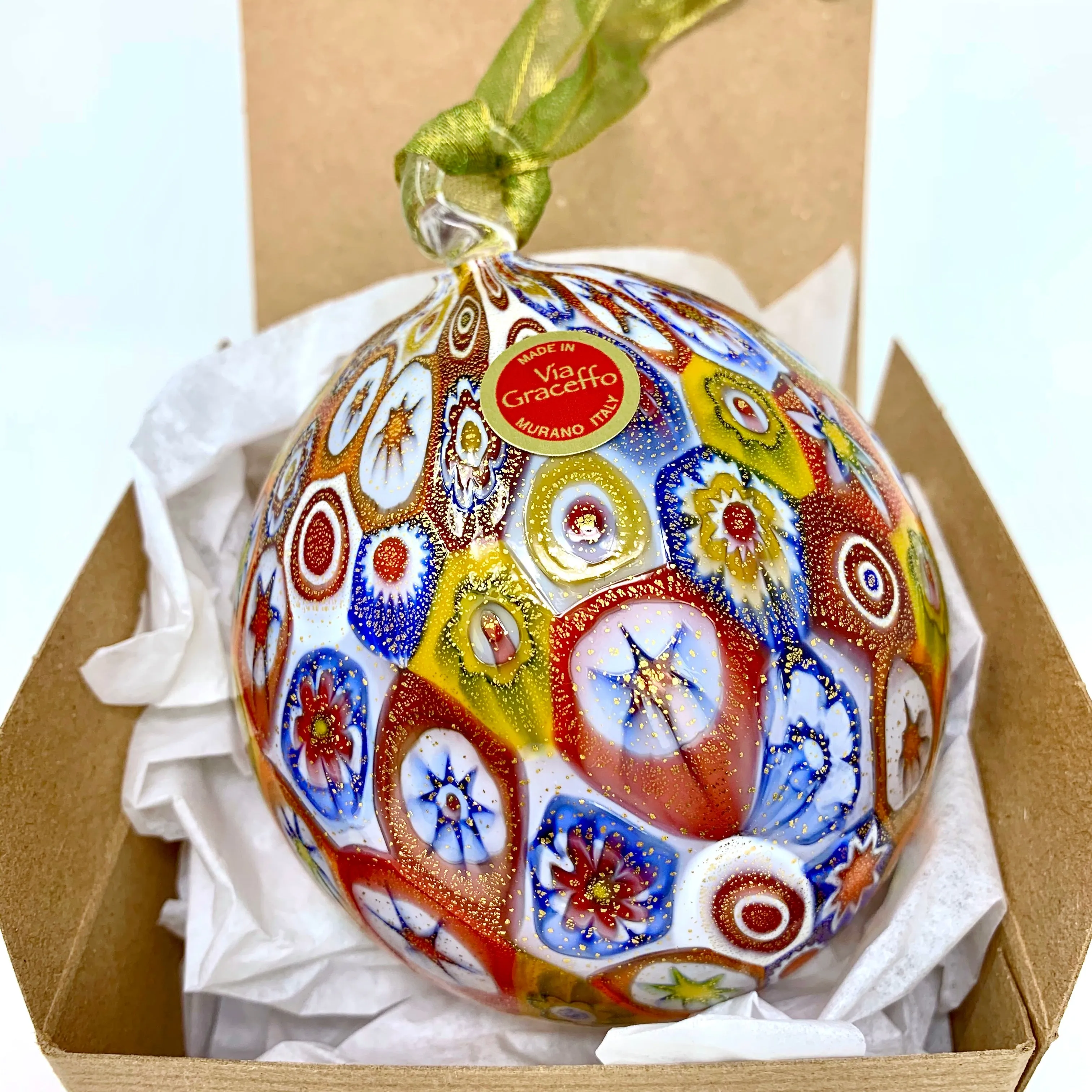 Murano Blown Glass Millefiori Mosaic Holiday Ornament; Multiple colors