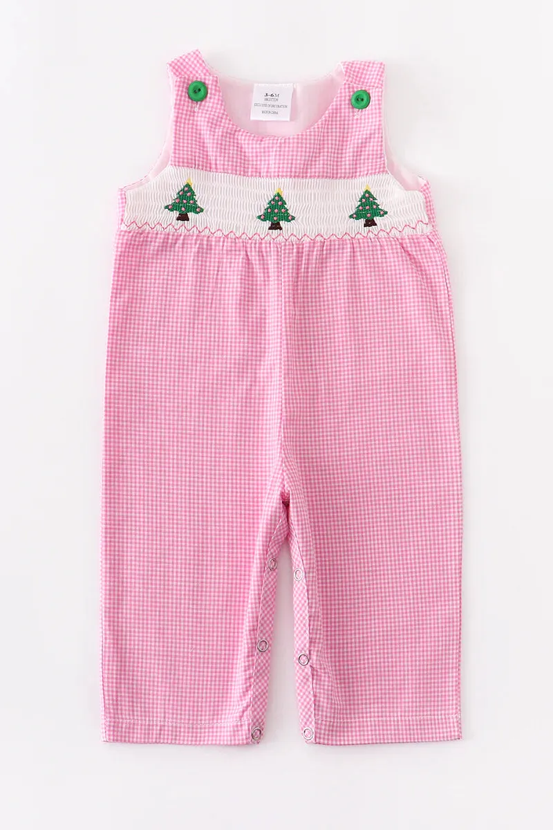 Pink Christmas Tree Smocked Romper