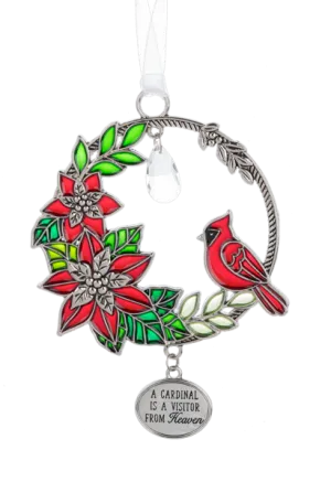 "A cardinal is a visitor from Heaven" Stain Glass Christmas Ornament