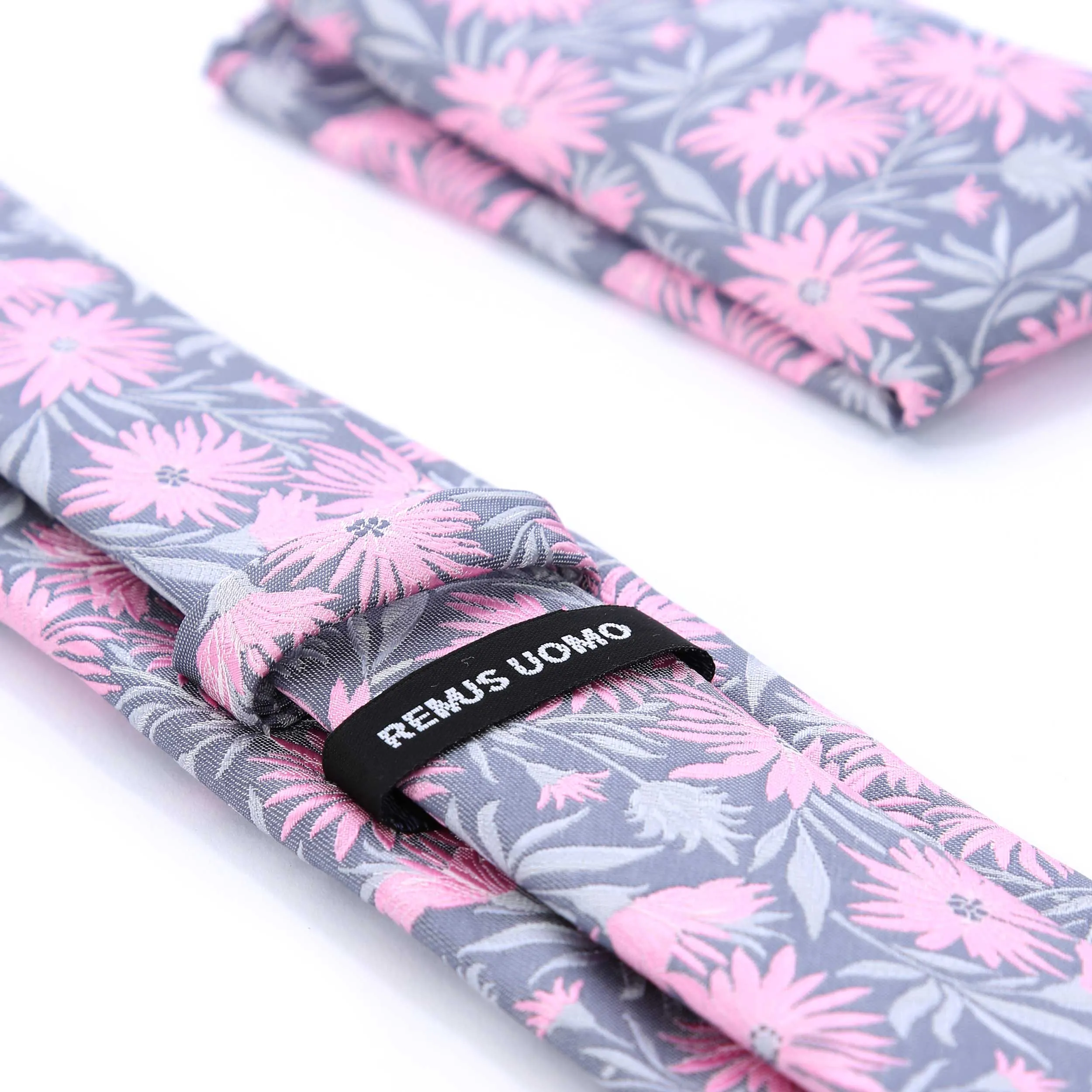 Remus Uomo Floral Tie & Hank Set in Pink & Grey