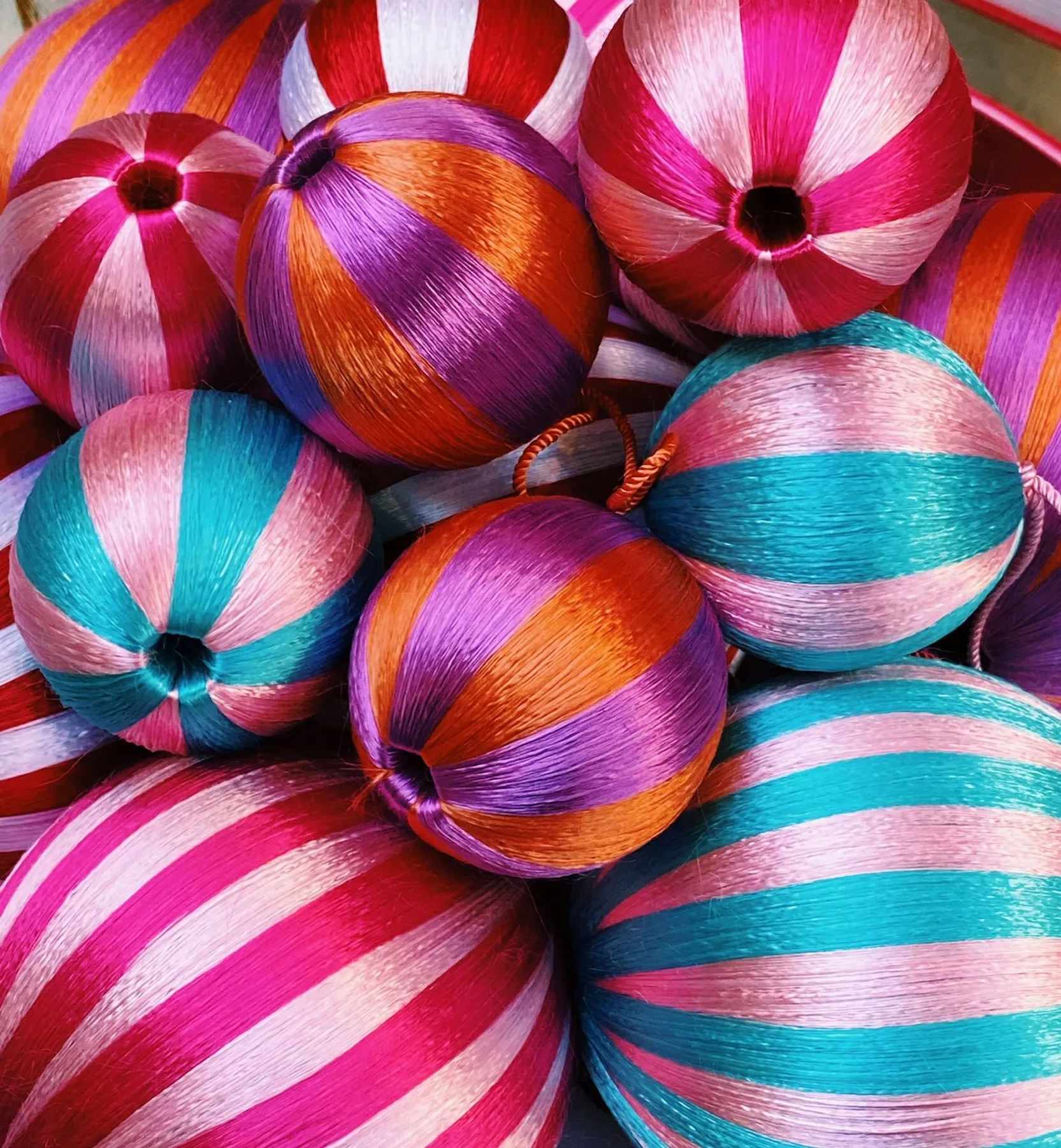 Small Corded Turquoise and Pink Stripe Ornament