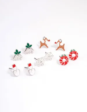 Snowman & Wreath Enamel Stud Earrings 5-Pack