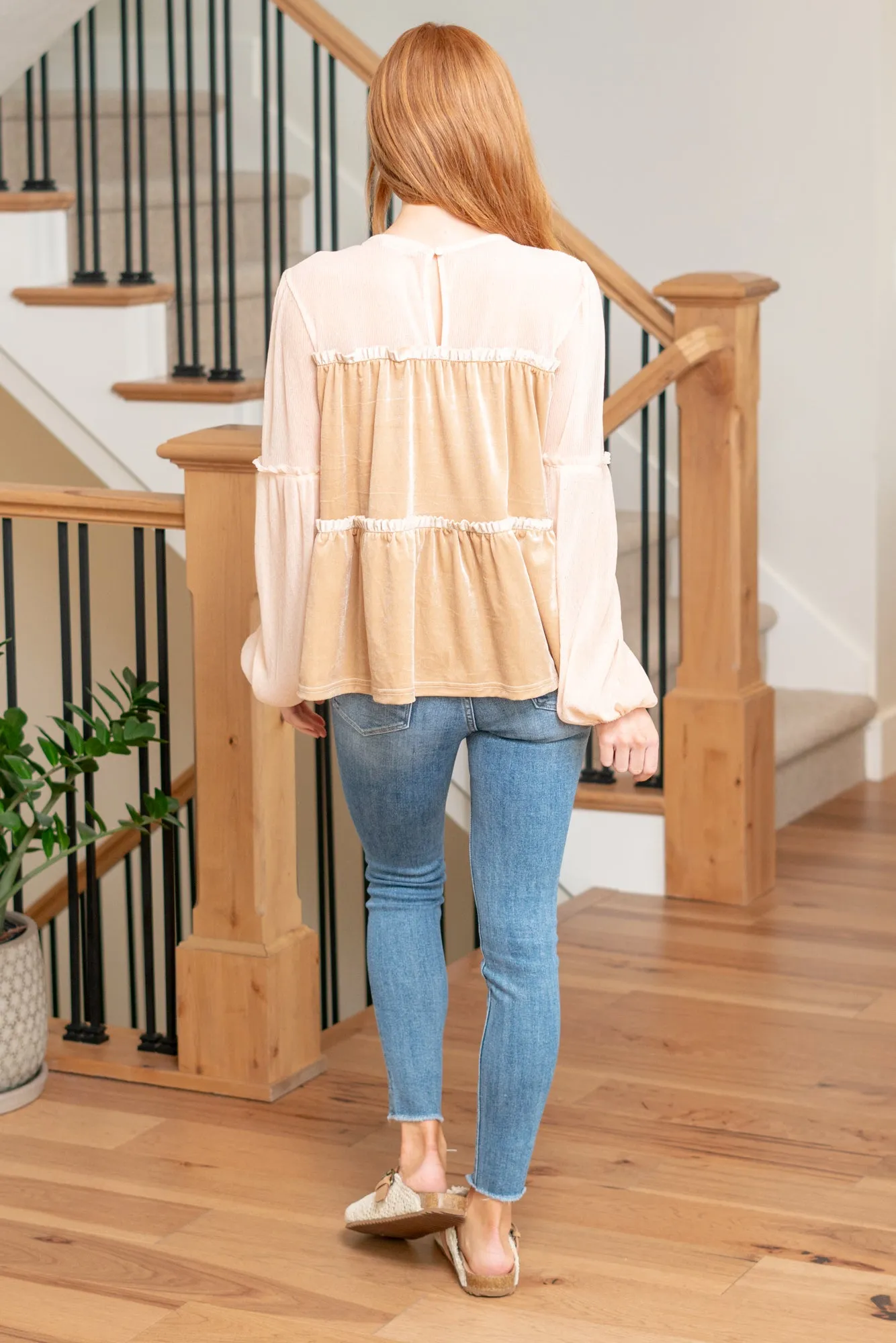 'Tis The Season Velvet Tiered Blouse - Taupe