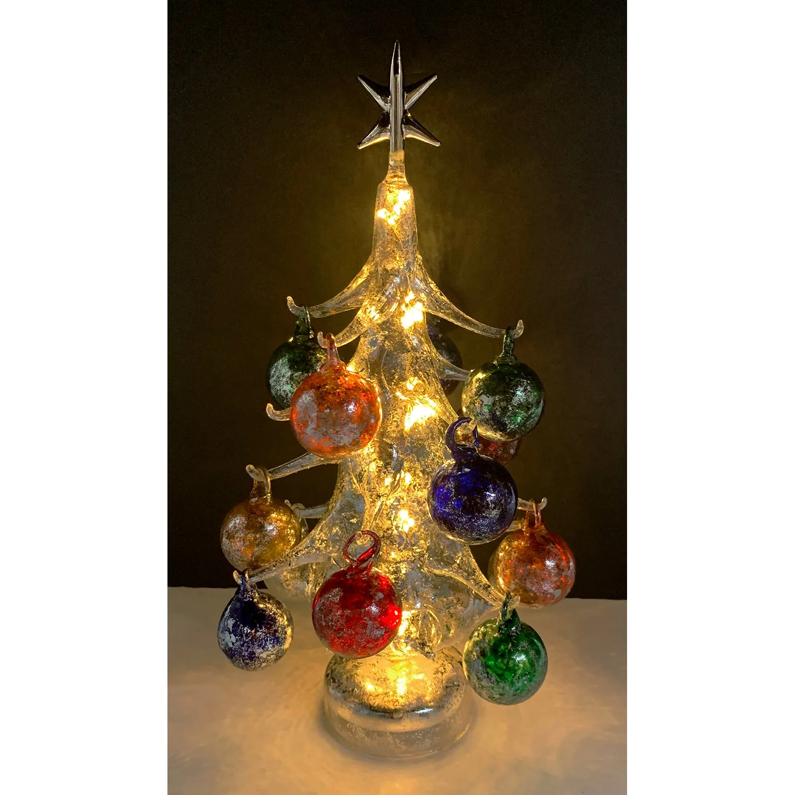 Vintage Inspired Mini Glass Christmas Tree with Removable Ornaments, BUON Natale Series — Lights Up!