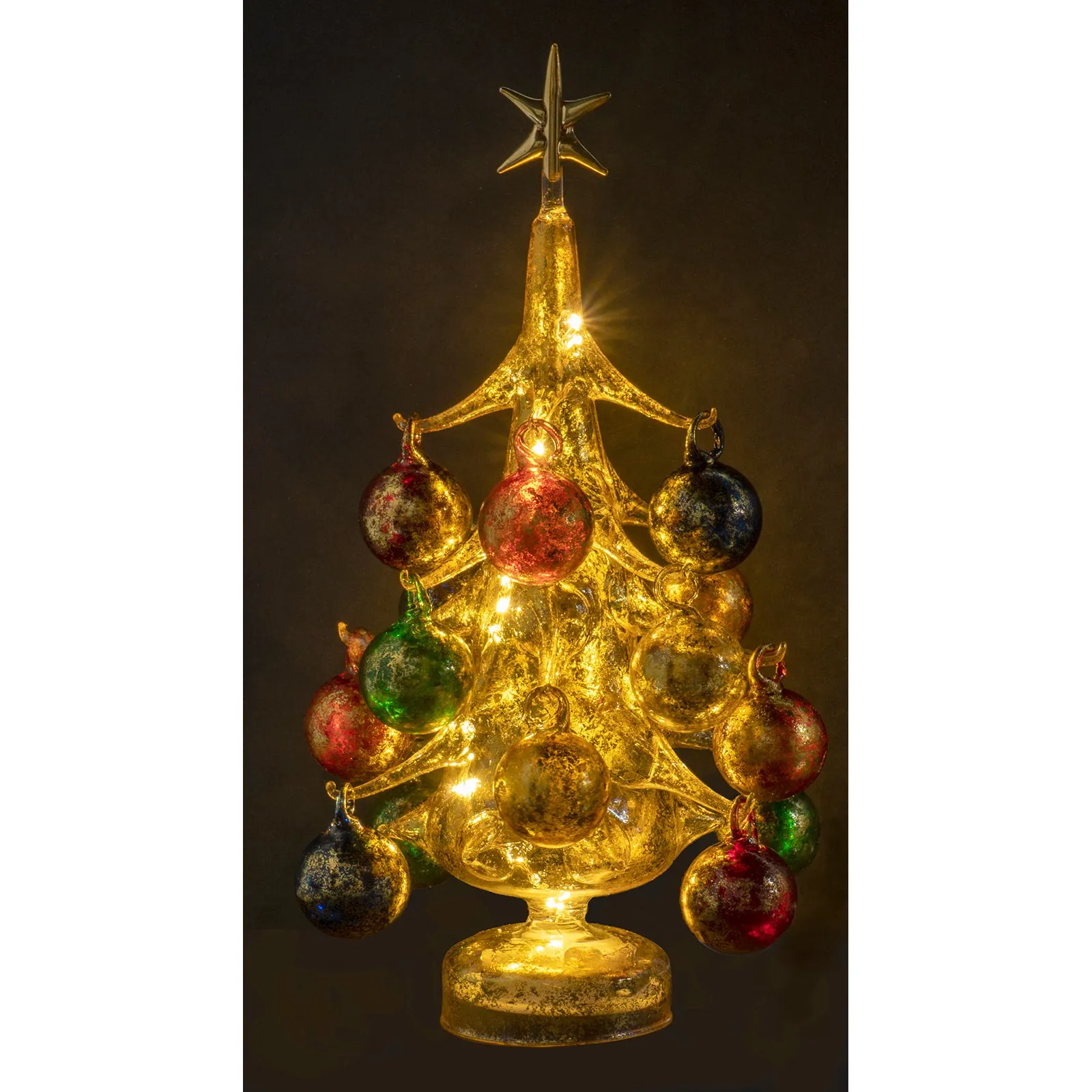 Vintage Inspired Mini Glass Christmas Tree with Removable Ornaments, BUON Natale Series — Lights Up!