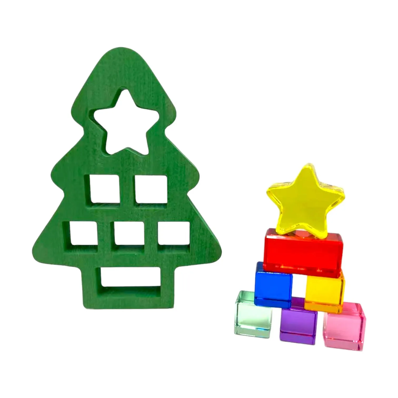 Wooden Christmas Tree with 7 Pcs Lucite Cubes Set