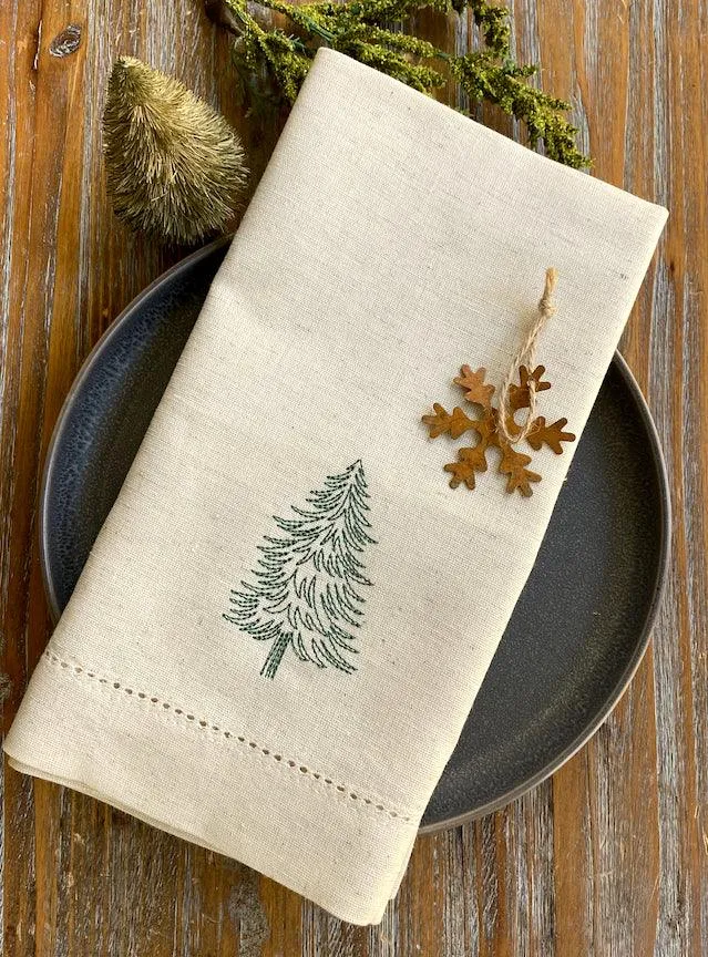 Woodland Christmas Tree Embroidered Cloth Napkins - Set of 4 napkins