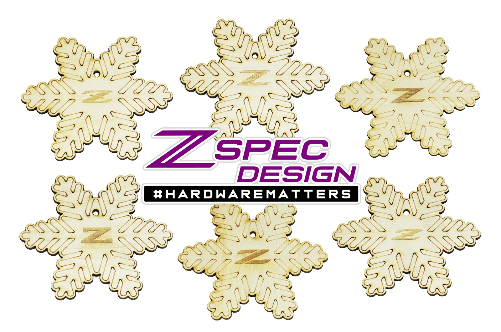 ZSPEC Laser-Engraved Wood Ornaments, Set of Six Nissan Z-Snowflakes, 3.75"